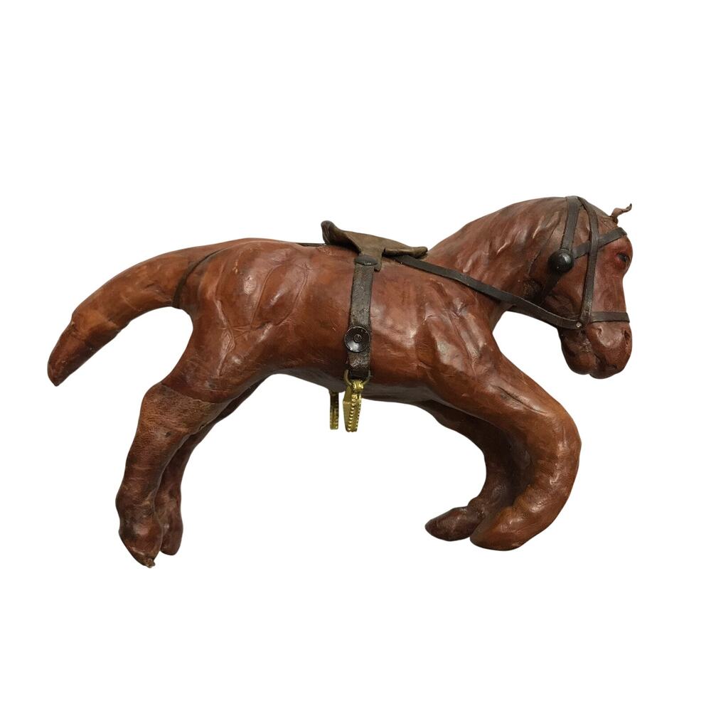 Leather Horse Figurine Vintage Model Rearing Saddle and Bridle Quality 7.5in